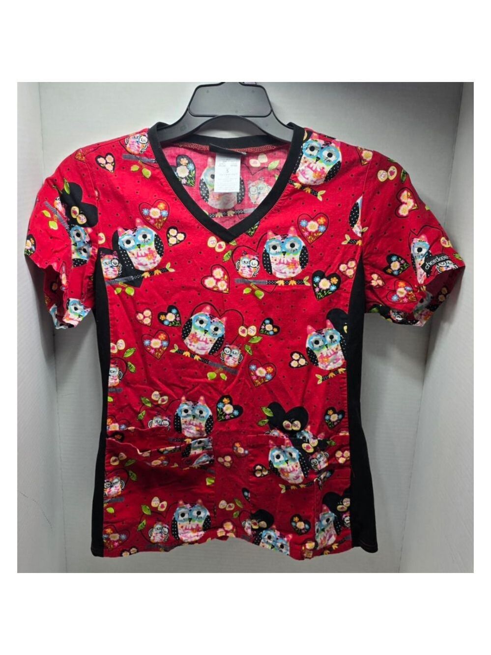 Women's Cherokee Red Owl Print Short Sleeve Scrub Top S